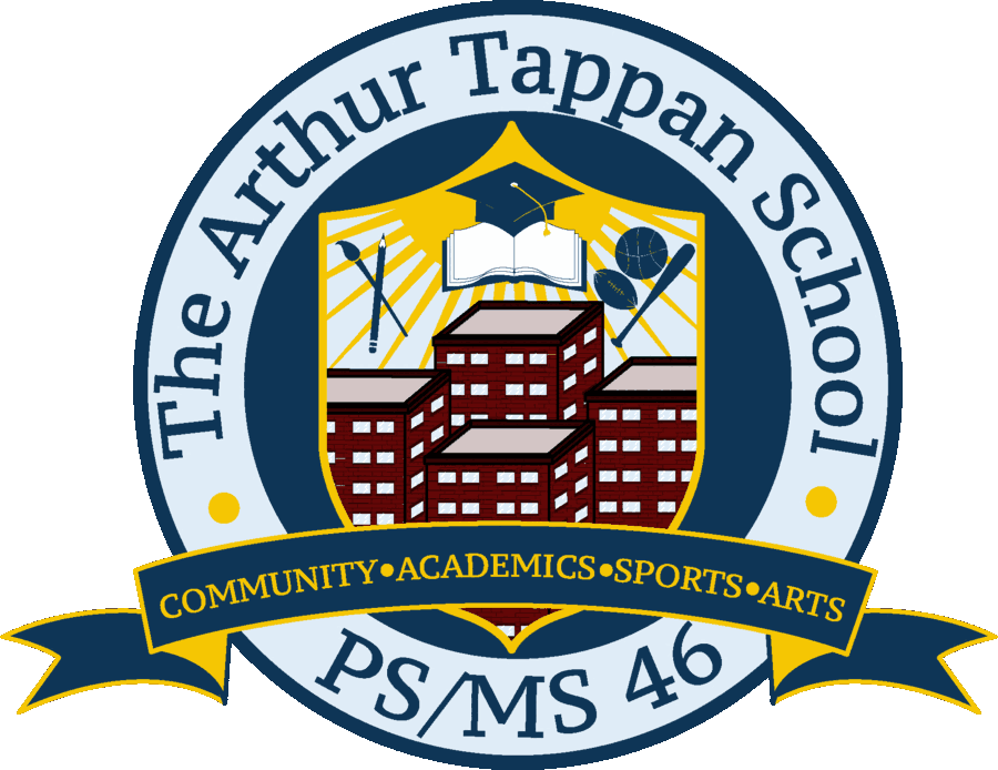 The crest of PS/MS 46, The Arthur Tappan School: a shield showing the school building beneath a graduation cap, an open book, a paintbrush and sports equipment, above a banner reading Community, Academics, Sports, Arts.